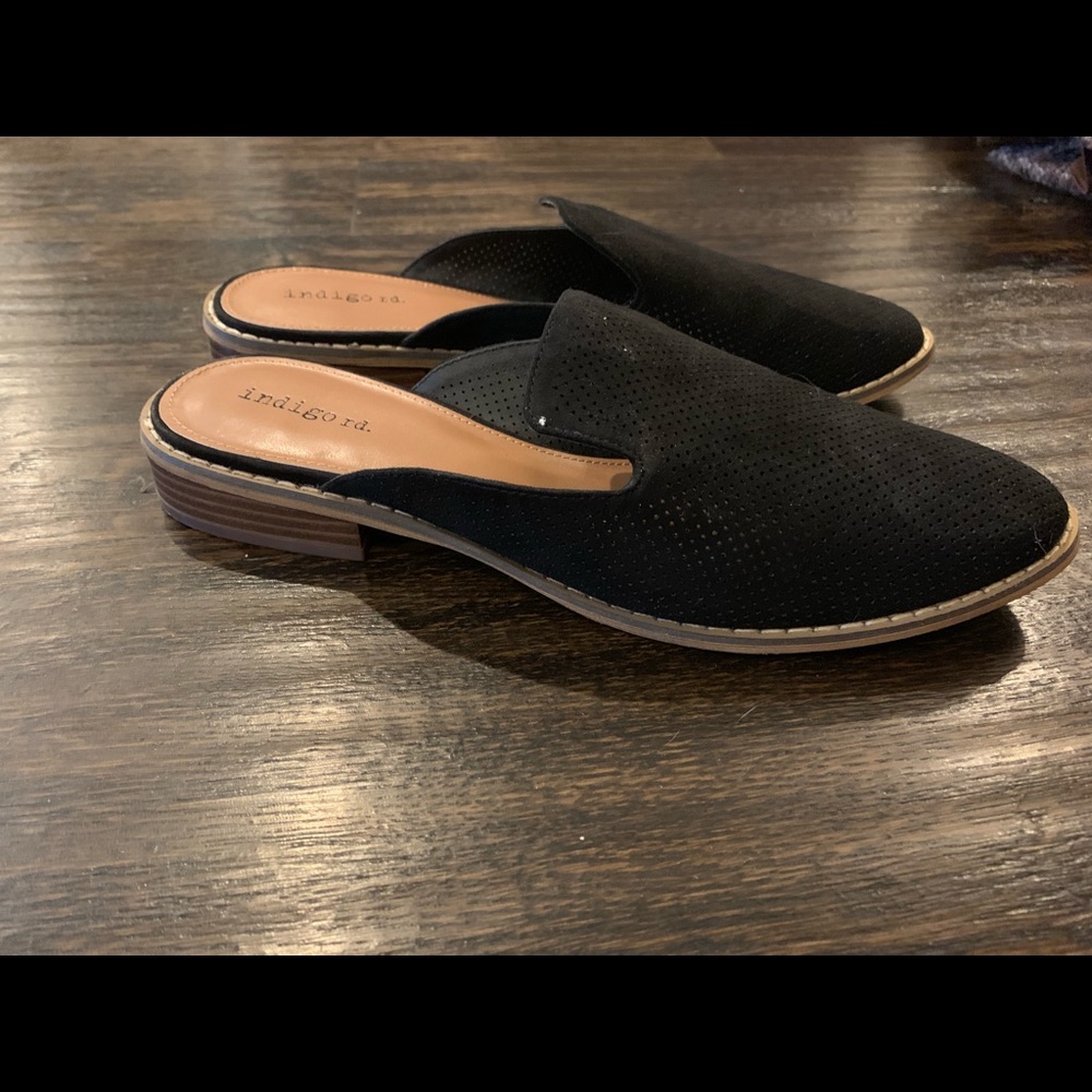 black perforated mules